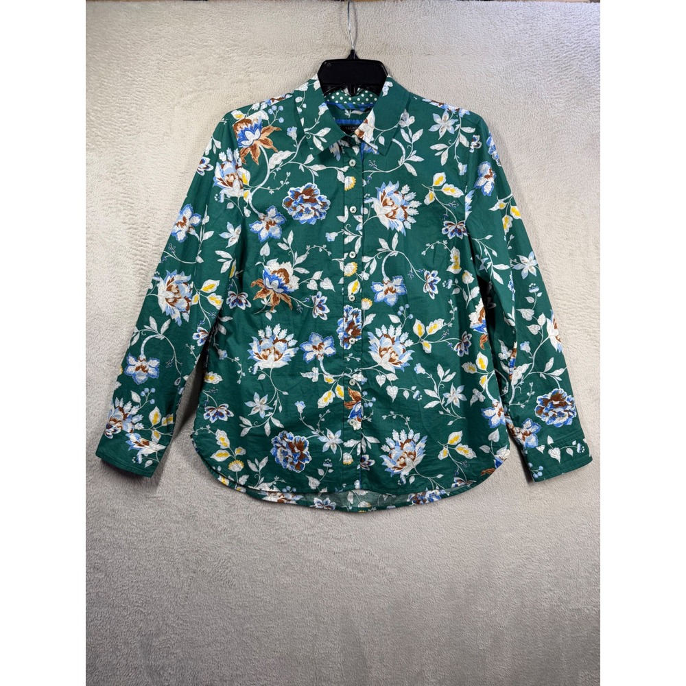 Talbots Floral Button Down Shirt Women MP Green Long Sleeve Cotton Blouse